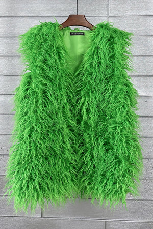 long faux fur vest sleeveless tibetan lamb fluffy jacket for women in green Alicefurs