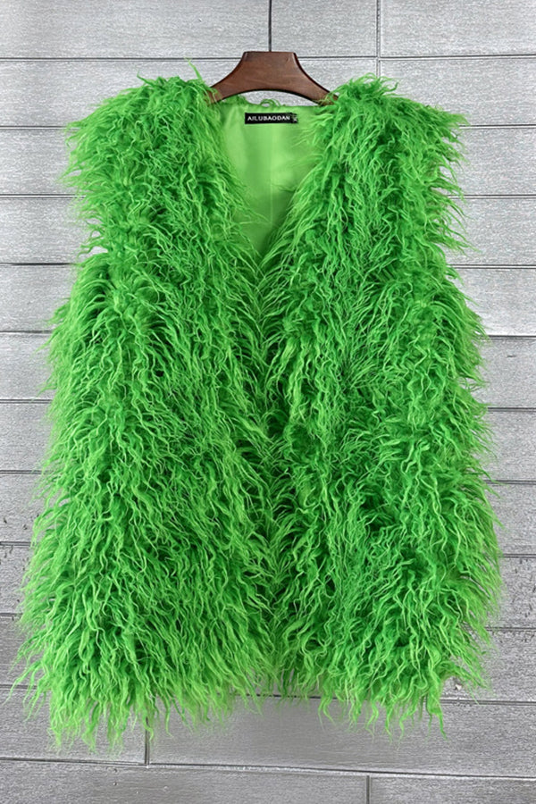 Long Faux Fur Vest Sleeveless Tibetan Lamb Fluffy Jacket for Women