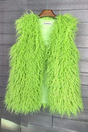 long faux fur vest sleeveless tibetan lamb fluffy jacket for women in lime green Alicefurs