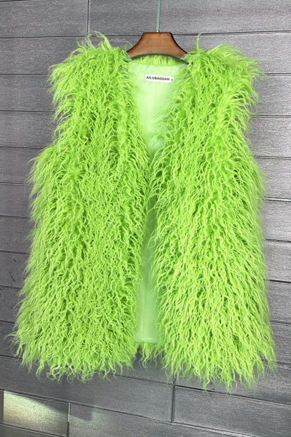 Long Faux Fur Vest Sleeveless Tibetan Lamb Fluffy Jacket for Women
