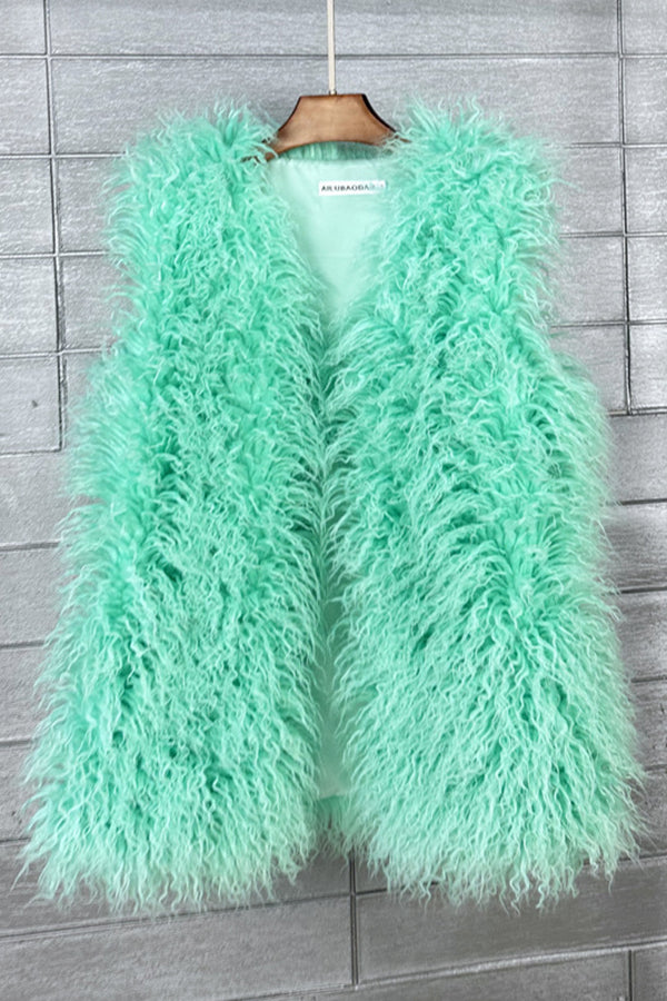Long Faux Fur Vest Sleeveless Tibetan Lamb Fluffy Jacket for Women