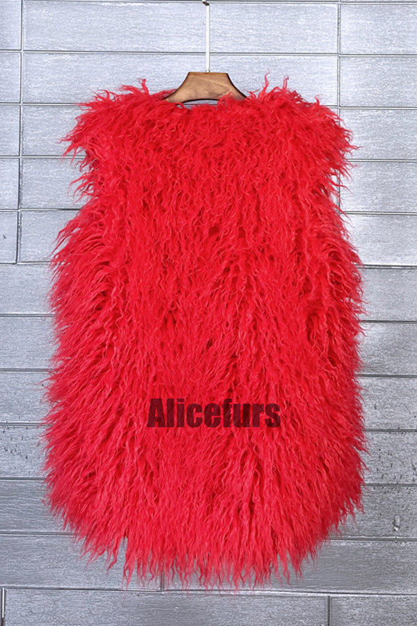 Long Faux Fur Vest Sleeveless Tibetan Lamb Fluffy Jacket for Women