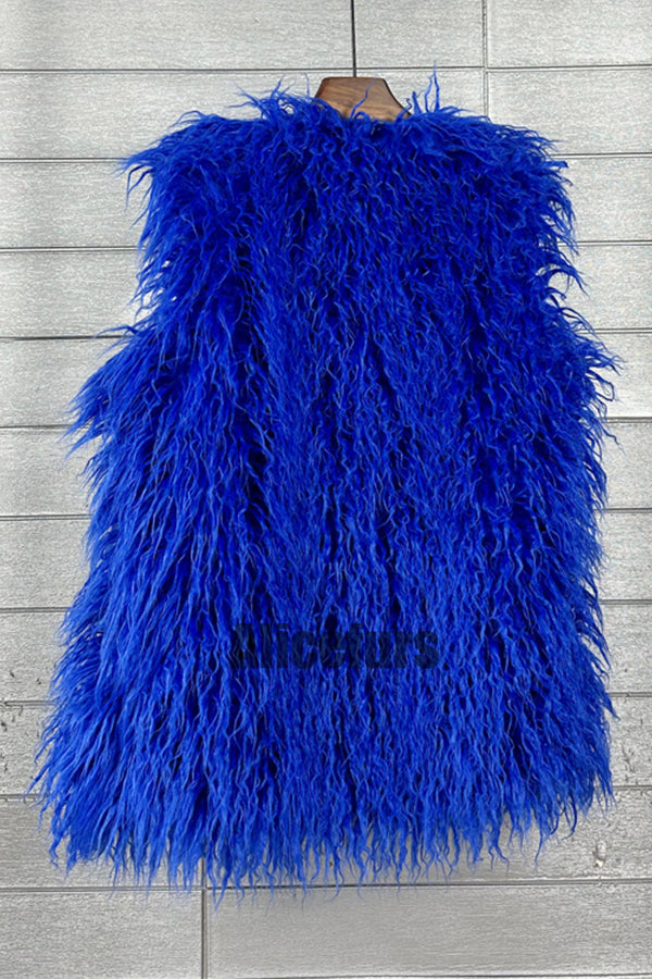 Long Faux Fur Vest Sleeveless Tibetan Lamb Fluffy Jacket for Women