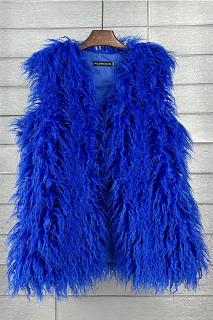 long faux fur vest sleeveless tibetan lamb fluffy jacket for women in royal blue Alicefurs