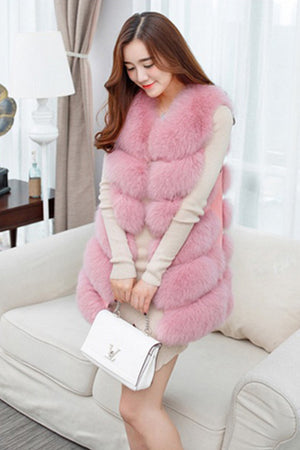 long fur vest bubble sleeveless fluffy jacket for women in pink 3 Alicefurs