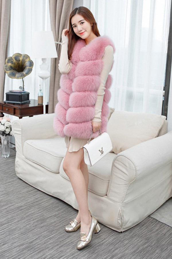 Long Fur Vest Bubble Sleeveless Fluffy Jacket for Women