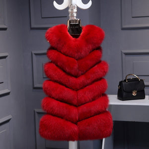 long fur vest bubble sleeveless fluffy jacket for women in red Alicefurs