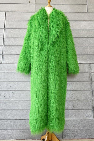 long mongolian fur coat full length shaggy furry coat for women in lime green Alicefurs