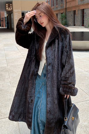luxury faux mink coat long mob wife fur overcoat in black front view Alicefurs
