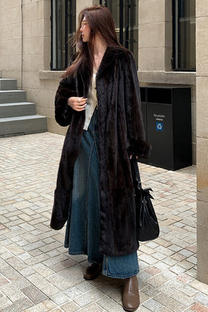 luxury faux mink coat long mob wife fur overcoat in black side view Alicefurs