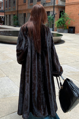 luxury faux mink coat long mob wife fur overcoat in black back view Alicefurs