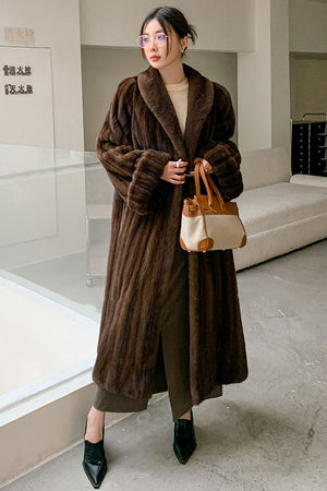 luxury faux mink coat long mob wife fur overcoat in dark brown front view Alicefurs