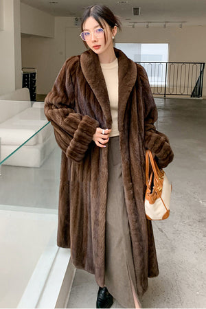 luxury faux mink coat long mob wife fur overcoat in dark brown front view full length Alicefurs