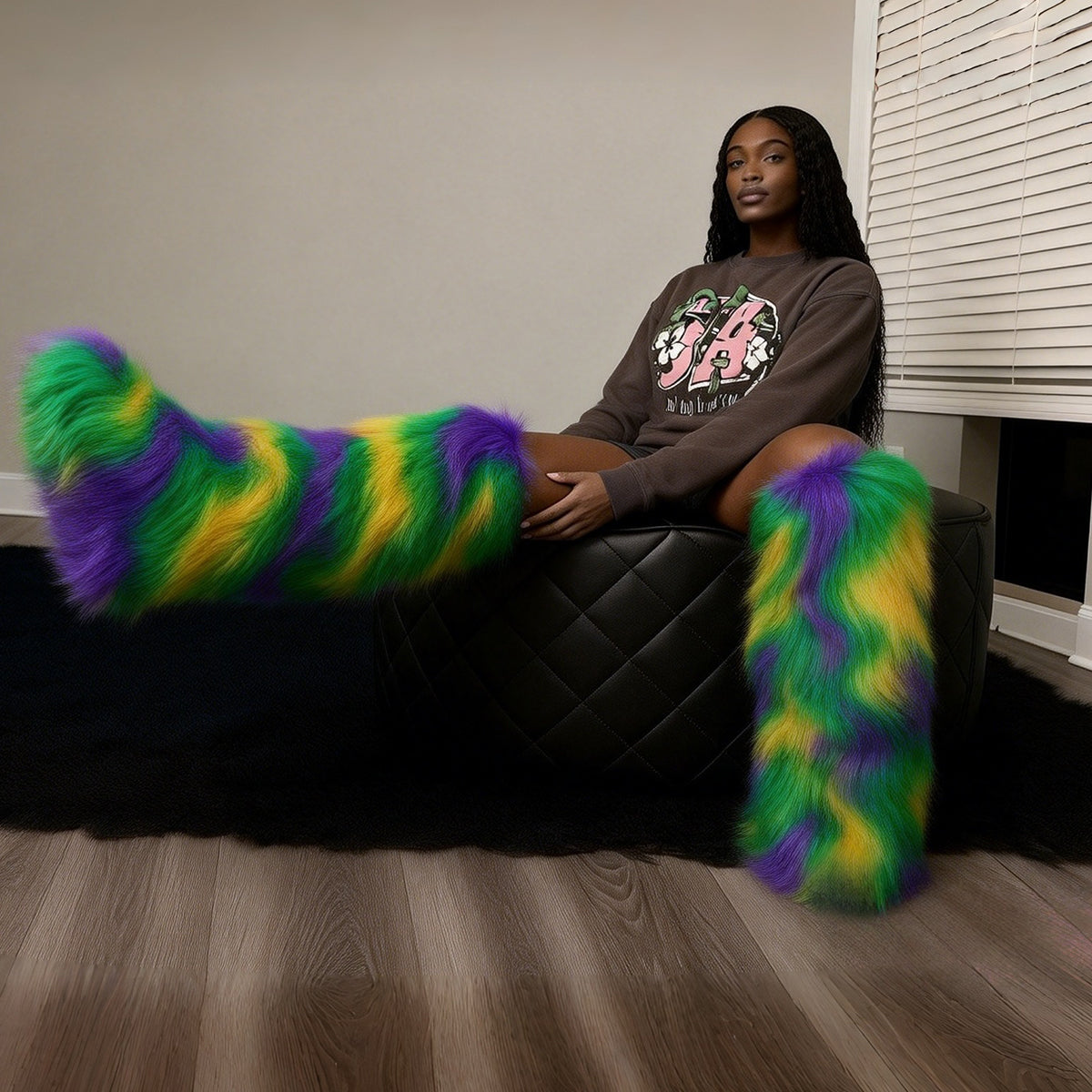 Mardi Gras Fur Boots Over The Knee Multicolor Boots for Women