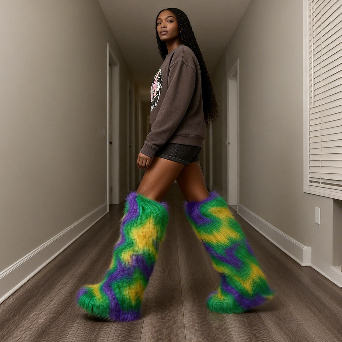 Mardi Gras Fur Boots Over The Knee Multicolor Boots for Women