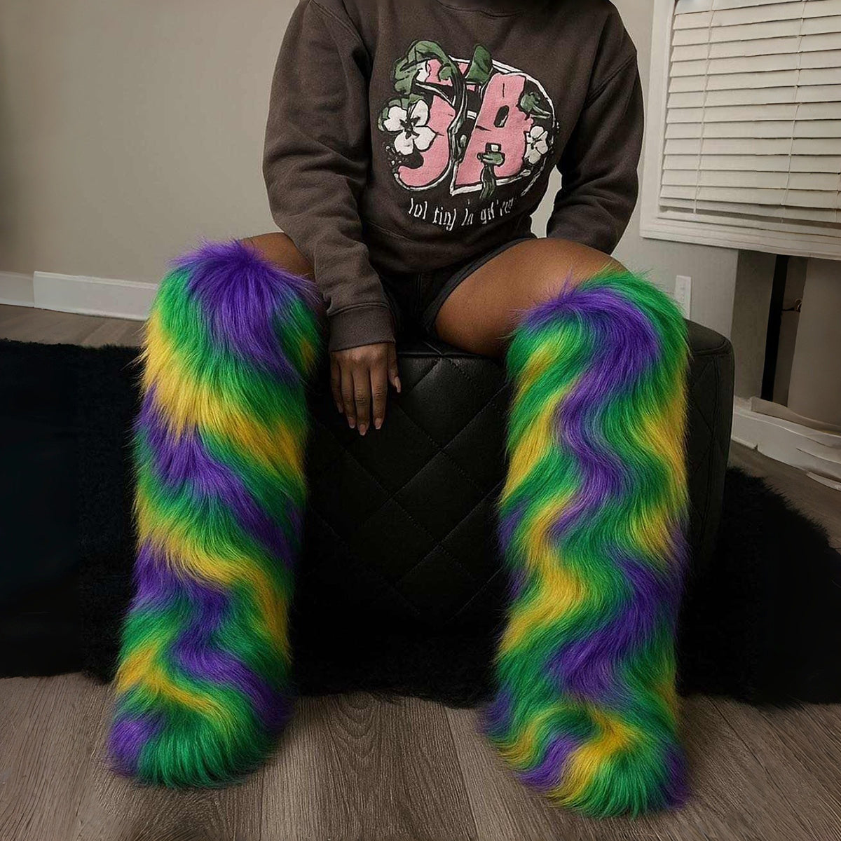 Mardi Gras Fur Boots Over The Knee Multicolor Boots for Women
