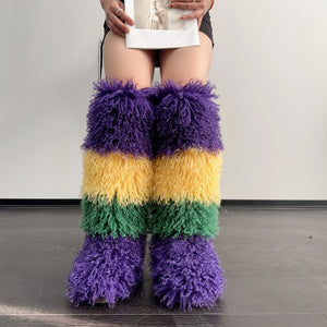 mardi gras fur boots tall shaggy mongolian boots for women 1 Alicefurs