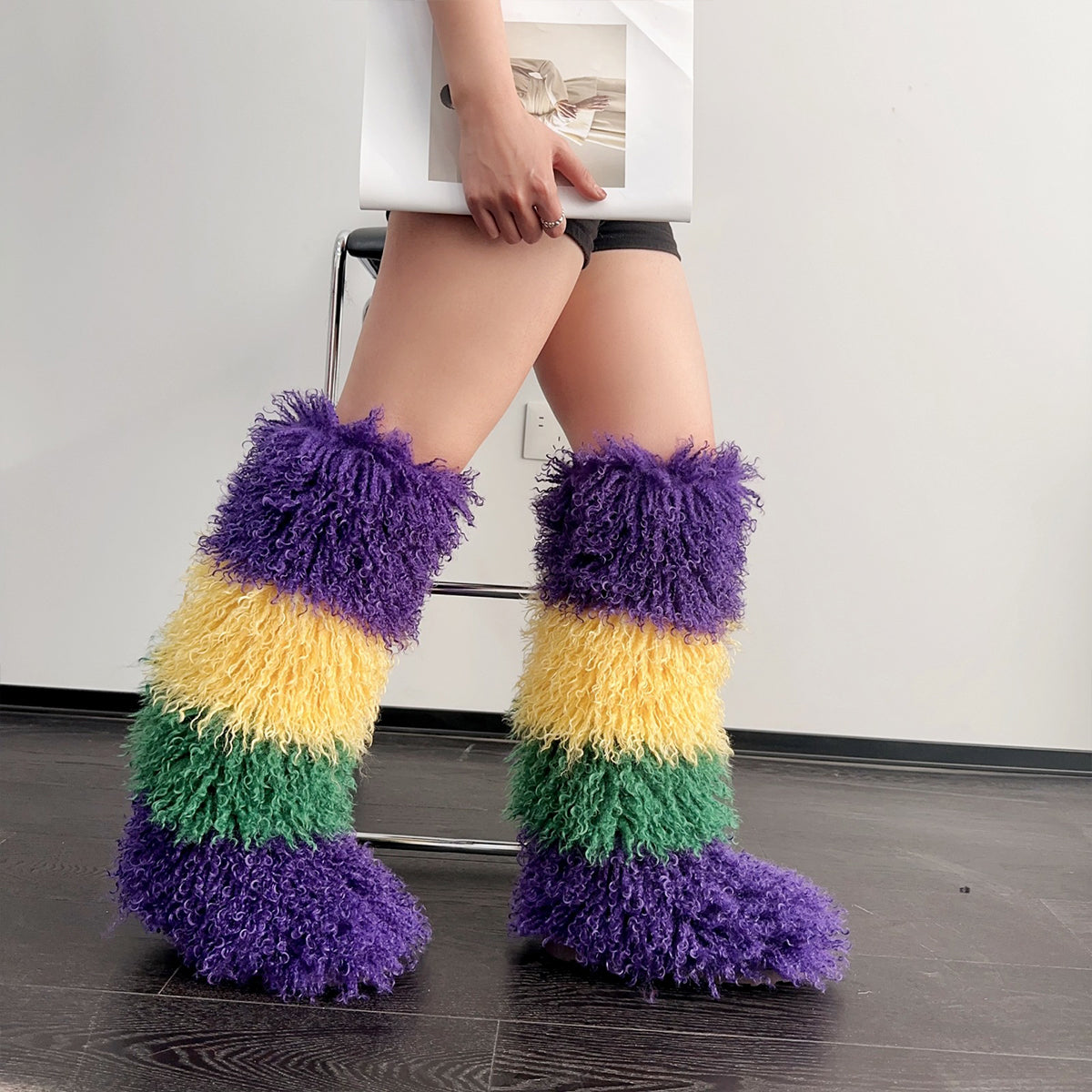 Mardi Gras Fur Boots Tall Shaggy Mongolian Boots for Women