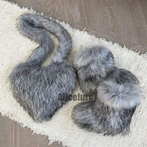 matching faux fur boots and heart shaped bag for women in gray Alicefurs