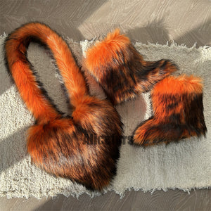 matching faux fur boots and heart shaped bag for women in orange Alicefurs