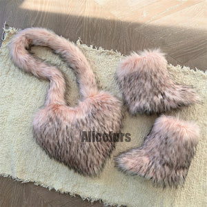 matching faux fur boots and heart shaped bag for women in pink Alicefurs