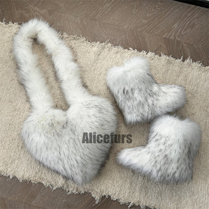 matching faux fur boots and heart shaped bag for women in white Alicefurs