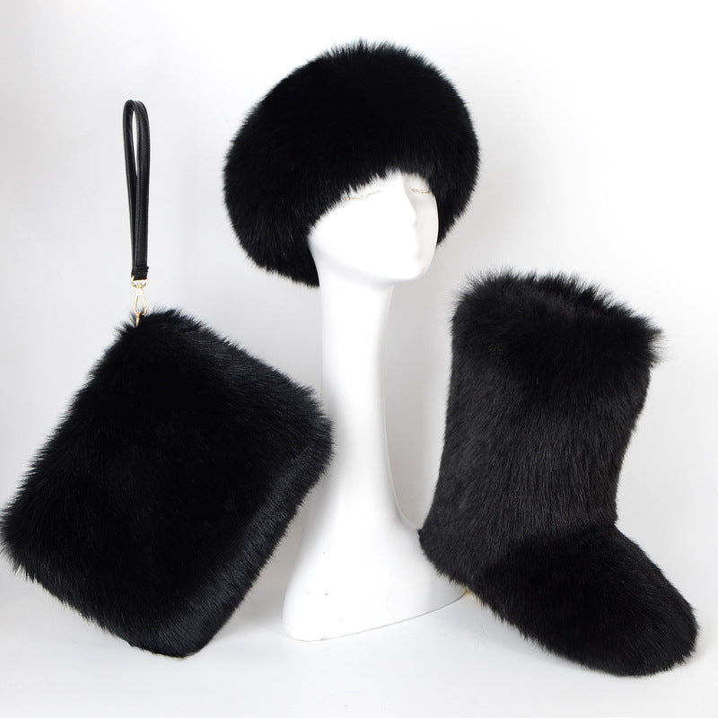 Matching Faux Fur Boots Purse Headband Holiday Set for Women