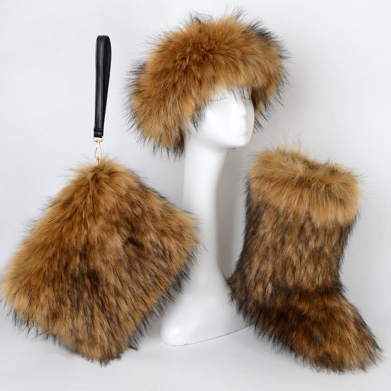 Matching Faux Fur Boots Purse Headband Holiday Set for Women