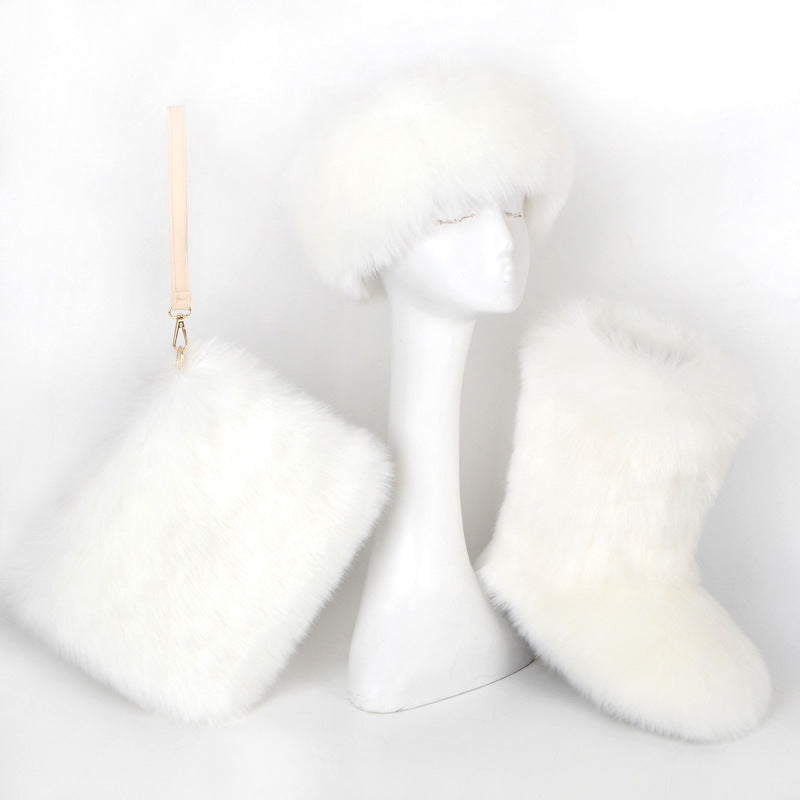 Matching Faux Fur Boots Purse Headband Holiday Set for Women