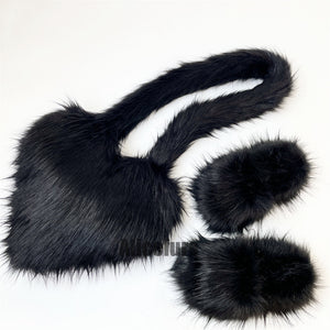matching faux fur slides and fluffy heart bag set for women in black Alicefurs