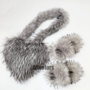 matching faux fur slides and fluffy heart bag set for women in gray Alicefurs