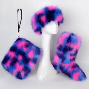 matching fur boots headband wristlet bag for women in blue fuchsia Alicefurs