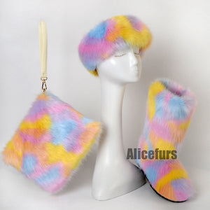 matching fur boots headband wristlet bag for women in blue yellow purple Alicefurs