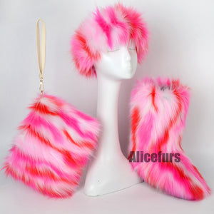 matching fur boots headband wristlet bag for women in fuchsia white Alicefurs
