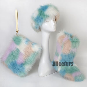 matching fur boots headband wristlet bag for women in green blue lilac Alicefurs