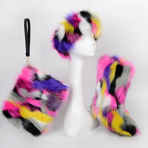 matching fur boots headband wristlet bag for women in purple fuchsia yellow Alicefurs