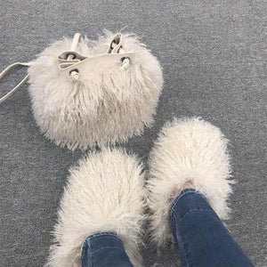 matching mongolian fur slippers and bucket handbag set in beige_d661fc28 72e4 40be 9432 9023b66288a8 Alicefurs