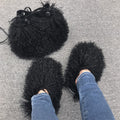 matching mongolian fur slippers and bucket handbag set in black Alicefurs
