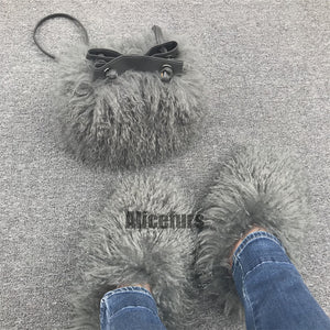 matching mongolian fur slippers and bucket handbag set in gray Alicefurs