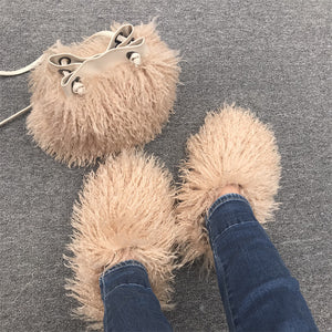 matching mongolian fur slippers and bucket handbag set in khaki Alicefurs