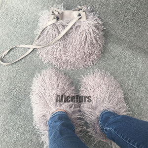 matching mongolian fur slippers and bucket handbag set in light gray Alicefurs