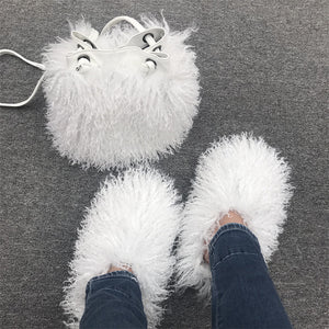 matching mongolian fur slippers and bucket handbag set in white Alicefurs