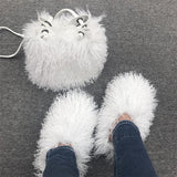 Matching Mongolian Fur Slippers and Bucket Handbag Set