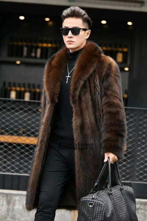 men_s faux mink coat winter shawl collar fur overcoat in brown 3 Alicefurs