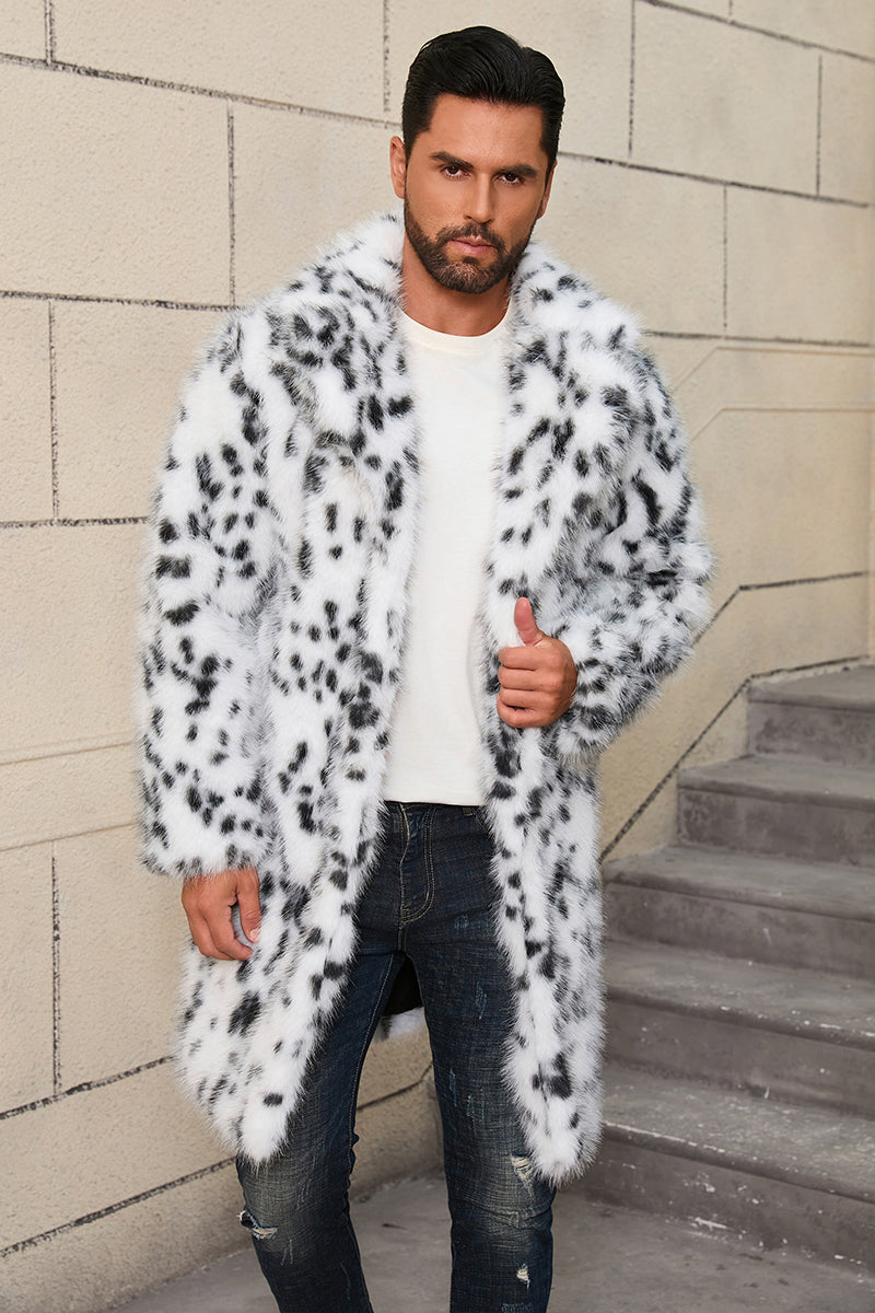 Men's Black and White Fur Coat Snow Leopard Overcoat