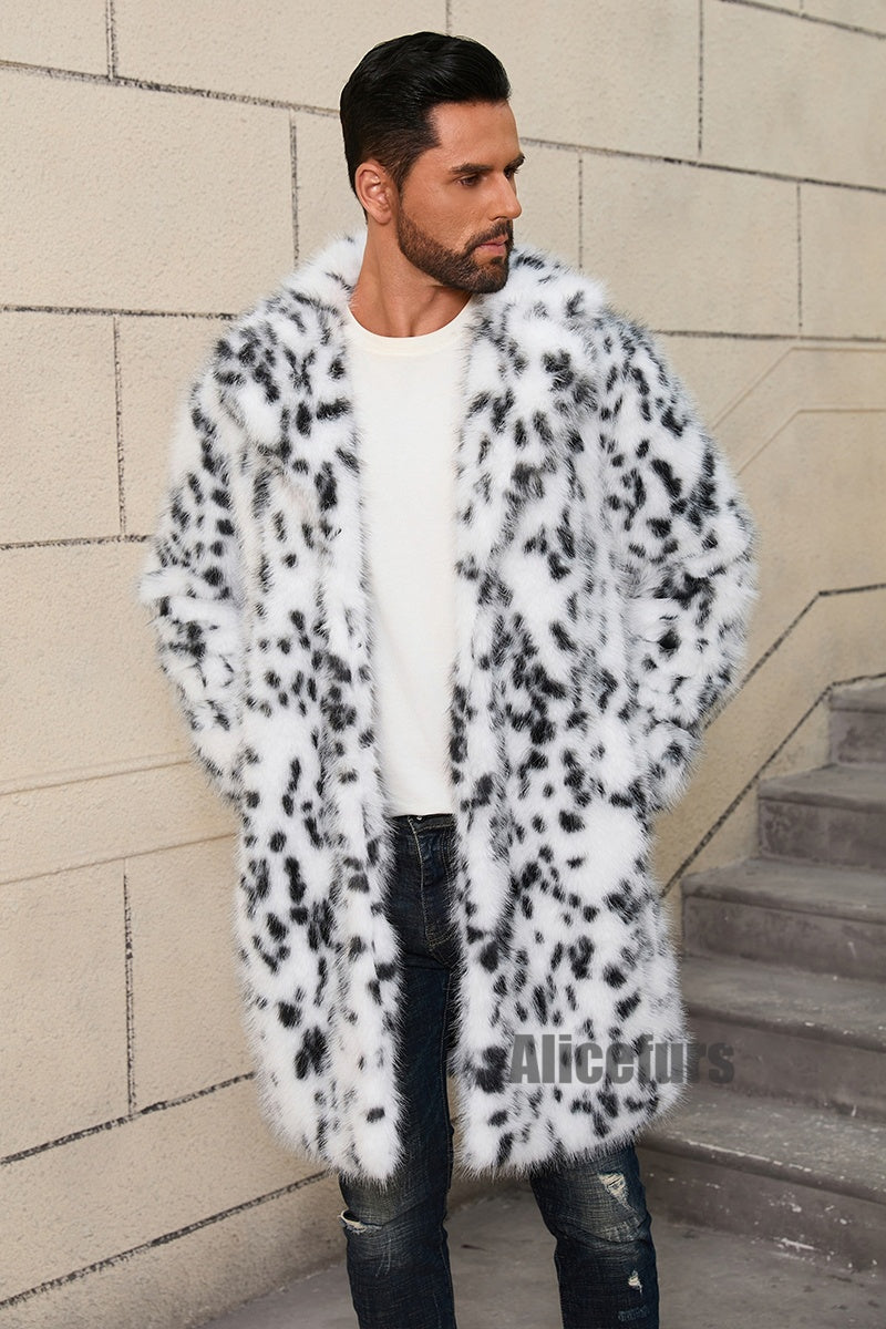 Men's Black and White Fur Coat Snow Leopard Overcoat