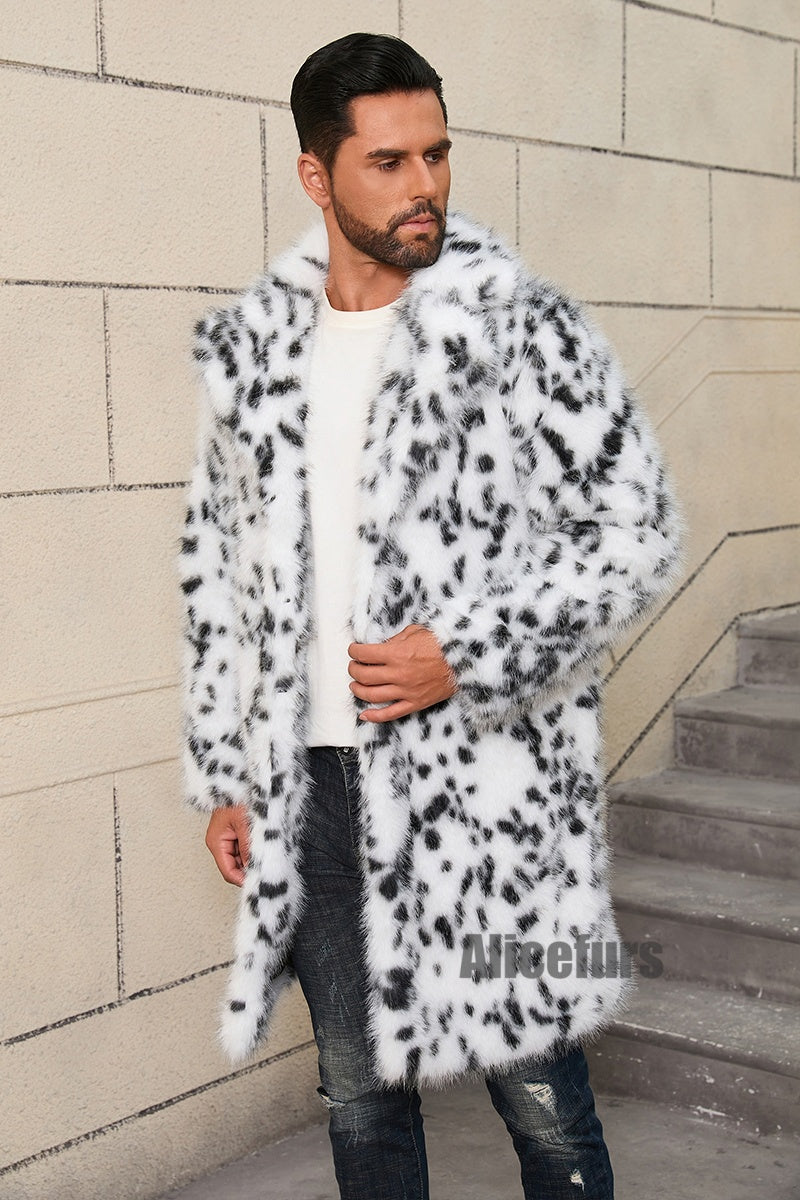 Men's Black and White Fur Coat Snow Leopard Overcoat