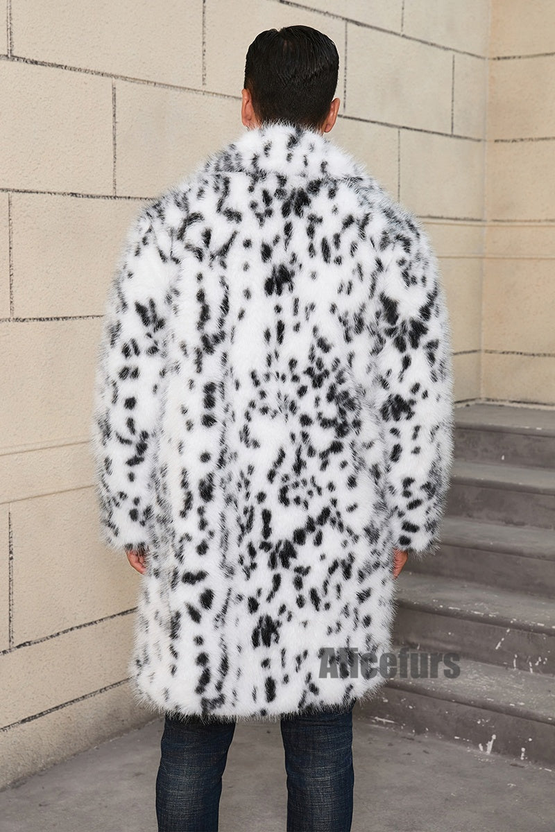Men's Black and White Fur Coat Snow Leopard Overcoat