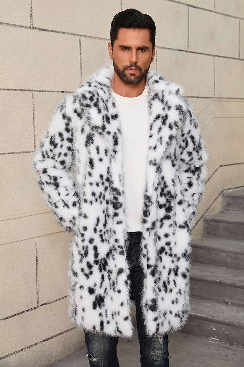 Men's Black and White Fur Coat Snow Leopard Overcoat