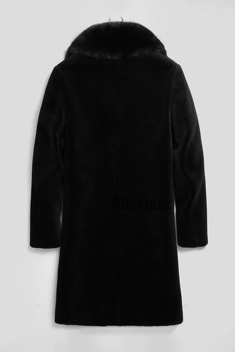 Men's Black Single-Breasted Coat with Fur Collar